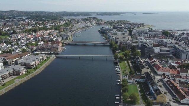 Two bridges span the Otra River in Kristiansand Norway
