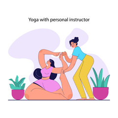 Female in a sportswear doing yoga with a personal instructor. Trainer help