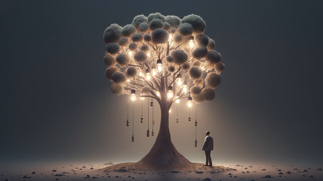 Man and tree with burning bulbs, generative AI.