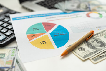 Investment planning and reporting concept. Closed up of investment planning report containing colorful graph of asset allocation planning.