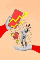 Photo collage artwork of funky guy enjoying iphone samsung apple investment growing isolated...