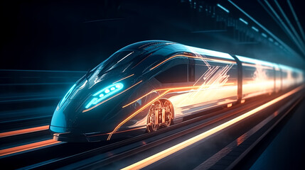 Fototapeta premium The modern train rushes at speed, generative AI.