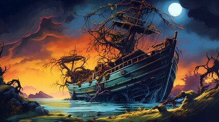 Surreal painting of an old boat abandoned in a swamp. Forgotten in the Wilderness. Generative AI.