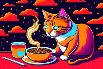 Fototapeta na wymiar Cat Eating Ramen Vivid Illustration
