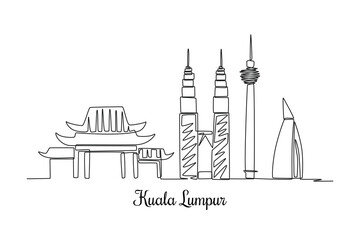 Single one line drawing Kuala Lumpur skyline. City concept. Continuous line draw design graphic vector illustration.