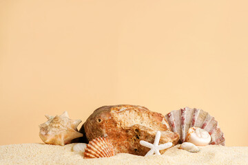 Seashells with starfish and stone on sand, beige background. Podium for cosmetics products. Sea summer vacation card with space for the text