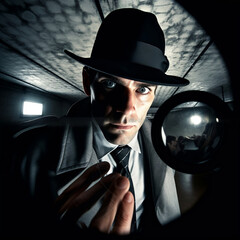 detective looking through a magnifier glass. Looking clues. Fisheye lens style. Trough Door hole.  Generative AI. 