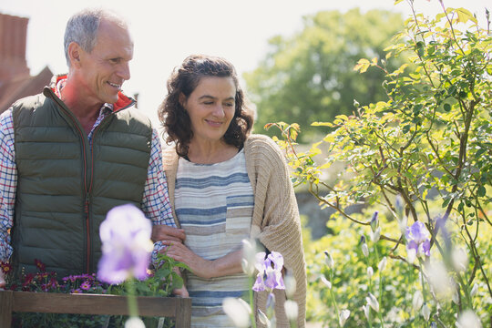 Smiling couple shopping for flowers in plant nursery garden - Powered by Adobe