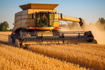 Modern industrial combine harvester working its way through vast wheat fields.  Generative AI