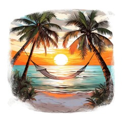 Sunset in paradise, vector design for t-shirt, splashes and waves, bright tropical design, california, miami