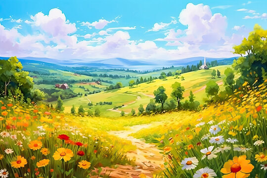 Beatiful natural spring summer landscape of a flowering medow