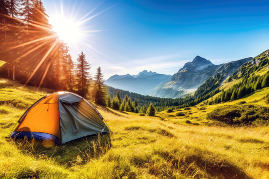 Camping in mountains at sunny day