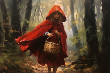 Ai generated Illustration of little red riding hood in the forest with basket in her hands and on white background - obrazy, fototapety, plakaty