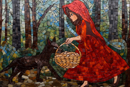 Ai generated Illustration of little red riding hood in the forest with basket in her hands and on white background