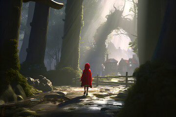 Ai generated Illustration of little red riding hood in the forest with basket in her hands and on white background