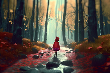 Ai generated Illustration of little red riding hood in the forest with basket in her hands and on white background - obrazy, fototapety, plakaty