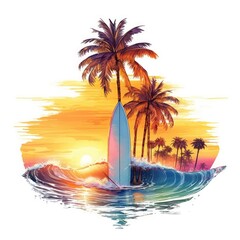 Serf, vector design for t-shirt, splashes and waves, bright tropical design, california, miami