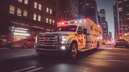 Ambulance rescue van on highway. Ambulance Vehicle Truck. Ambulance Driver. Medical truck with red emergency lights