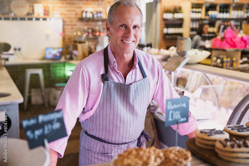 Wall mural portrait smiling worker behind desserts in market