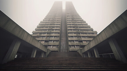 Obraz premium High rise stairs leading to enormous tower. Empty office buildings in a financial center. Stairs going up. Realistic 3D illustration. Generative AI