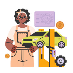 Car service mechanic. Black female character in uniform check and repair