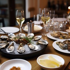 Fresh oysters with lemon on a white plate in a restaurant. Generative AI