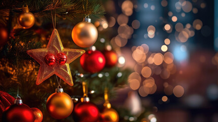 Fototapeta na wymiar A christmas tree with a star and red ornaments