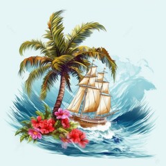 Ship and palm tree, vector design for t-shirt, splashes and waves, bright tropical design, california, miami