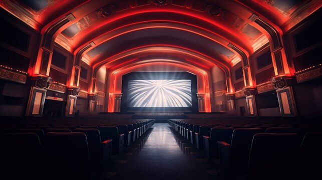 a movie theater with a large screen. Generative AI Art.