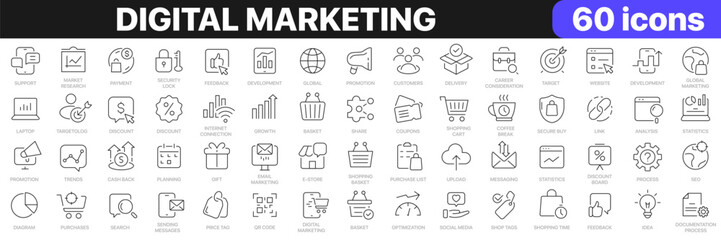 Digital marketing line icons collection. Promotion, advertising icons. UI icon set. Thin outline icons pack. Vector illustration EPS10