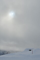 Landscape with fog and sun snow storm norway background cold