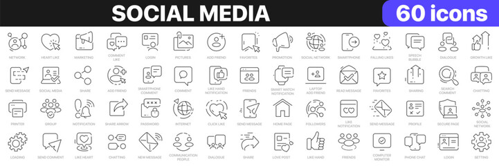 Social media line icons collection. Like, share, blog, comment icons. UI icon set. Thin outline icons pack. Vector illustration EPS10