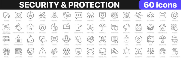 Security and protection line icons collection. Security systems, insurance, law, cyber security icons. UI icon set. Thin outline icons pack. Vector illustration EPS10