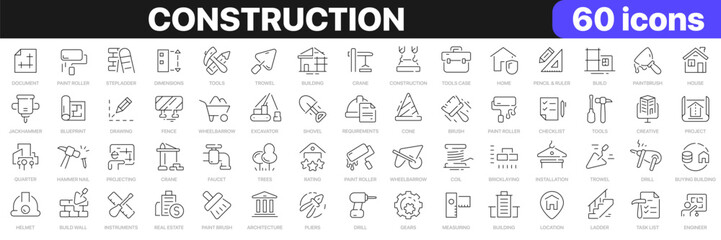 Construction line icons collection. Build, tools, project icons. UI icon set. Thin outline icons pack. Vector illustration EPS10 - obrazy, fototapety, plakaty