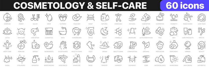 Cosmetology and self-care line icons collection. Skin care, fitness, beauty icons. UI icon set. Thin outline icons pack. Vector illustration EPS10
