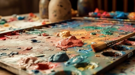 Palette with oil paint, close up, generative AI.