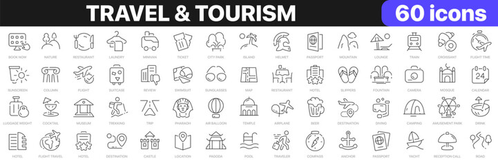 Travel and tourism line icons collection. Hotel, museum, airport, trip icons. UI icon set. Thin outline icons pack. Vector illustration EPS10 - obrazy, fototapety, plakaty