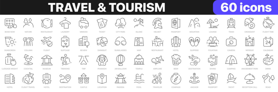Travel and tourism line icons collection. Hotel, museum, airport, trip icons. UI icon set. Thin outline icons pack. Vector illustration EPS10