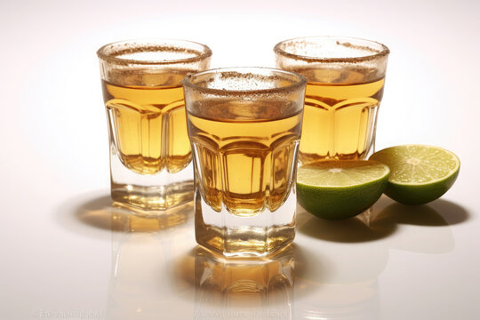 Gold tequila shot with lime isolated on white background