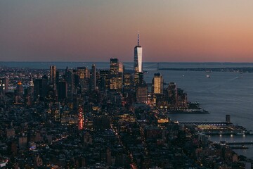 Fototapeta na wymiar Aerial shot of the cityscape of New York City, USA at sunset