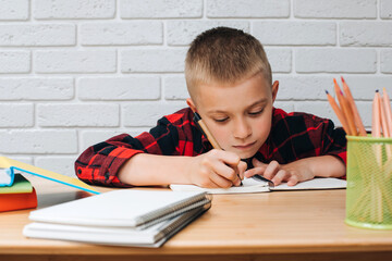 Concept back to the school. A boy in the process of studying sits at a table with books, notebooks and pencils. Front view