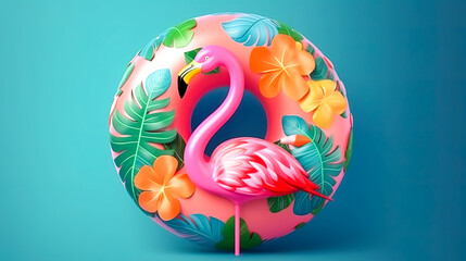 Colorful swimming circle with flamingos, generative AI.