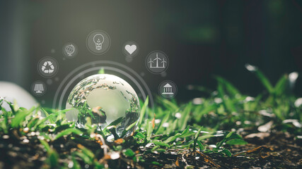 Crystal ball placed on green grass and with icons related to environment, society and governance in...