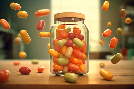 Jar with drugs capsules, levitating tablets indoors. Illustration on the theme of medicine and treatment