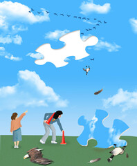 The sky is falling warns of climate change. A  jigsaw puzzle piece of sky crashed in the ground bringing birds with it as a woman places orange cones around the disaster scene in  a 3-d illustration.