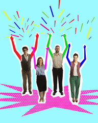 Obraz premium Office workers, employees in formal wear standing with serious expression against colorful background. Time to relax. Contemporary art collage.