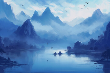 An abstract blue watercolor painting of mountains and birds. AI generative