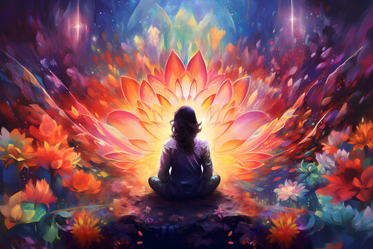 back of a women meditating with colorfuf flowers at front. Generative Ai