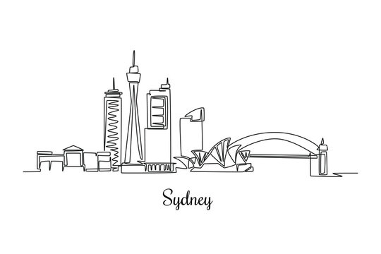 Single one line drawing Sydney skyline, Australia. City concept. Continuous line draw design graphic vector illustration.
