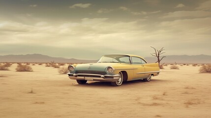 Obraz na płótnie Canvas a yellow and blue car in the desert. Generative AI Art.